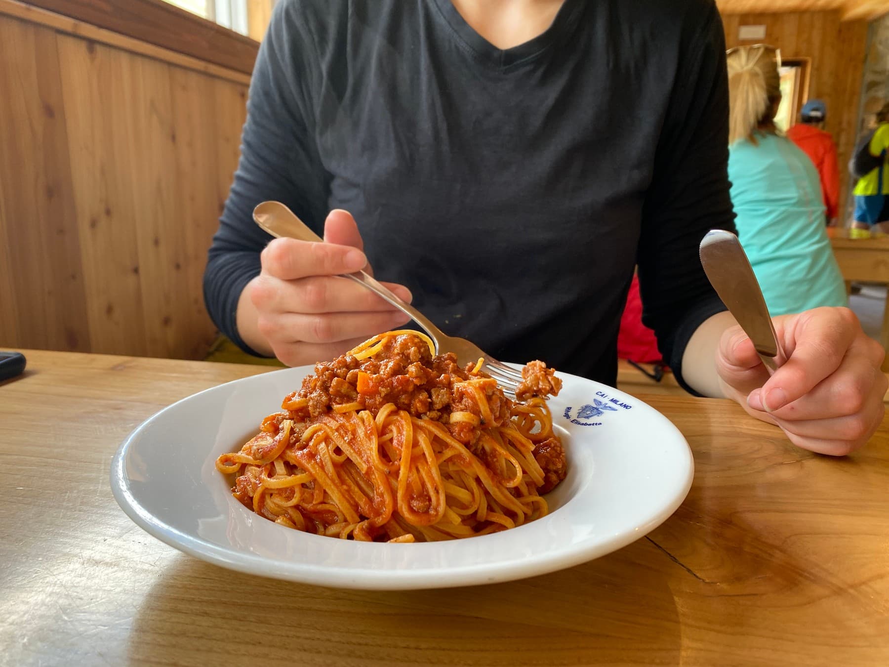 Pasta al ragù at Refugio Elisabetta - refuelling after a long day